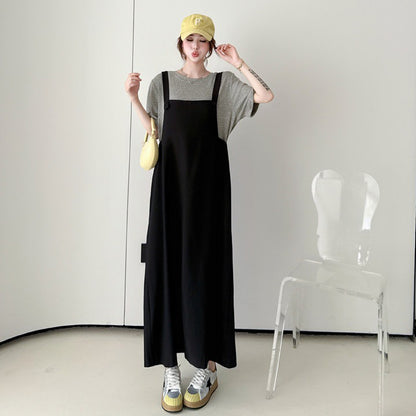 【ワンピース】これ1枚でコーデ完成✨フェイクレイヤード ワンピース 半袖 ロング丈 ゆったり 体型カバー 夏ワンピ【JZシリーズ】