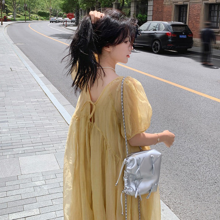 【ワンピース】イエロー ロングワンピース 夏 ゆったり バックシャン リボンデザイン 体型カバー リゾートドレス【JZシリーズ】