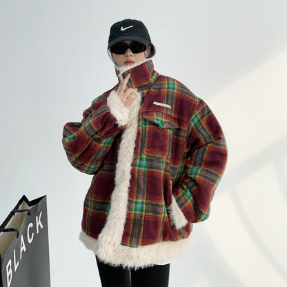 【アウター】秋冬 レトロ ゆったり 厚い保温 切り替えし チェック柄 ジャケット【FCシリーズ】