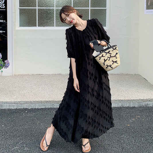 【ワンピース】切り替え 夏新作 ヘップバーン風 シンプルゆったり 半袖ワンピース