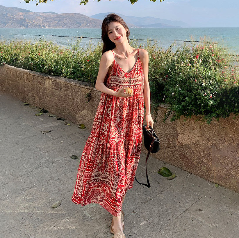 【ワンピース】ボヘミアン風 Vネックロングキャミワンピース 海辺リゾート映え 夏新作 ノースリーブワンピース【SHシリーズ】