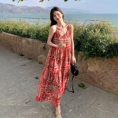 【ワンピース】ボヘミアン風 Vネックロングキャミワンピース 海辺リゾート映え 夏新作 ノースリーブワンピース【SHシリーズ】
