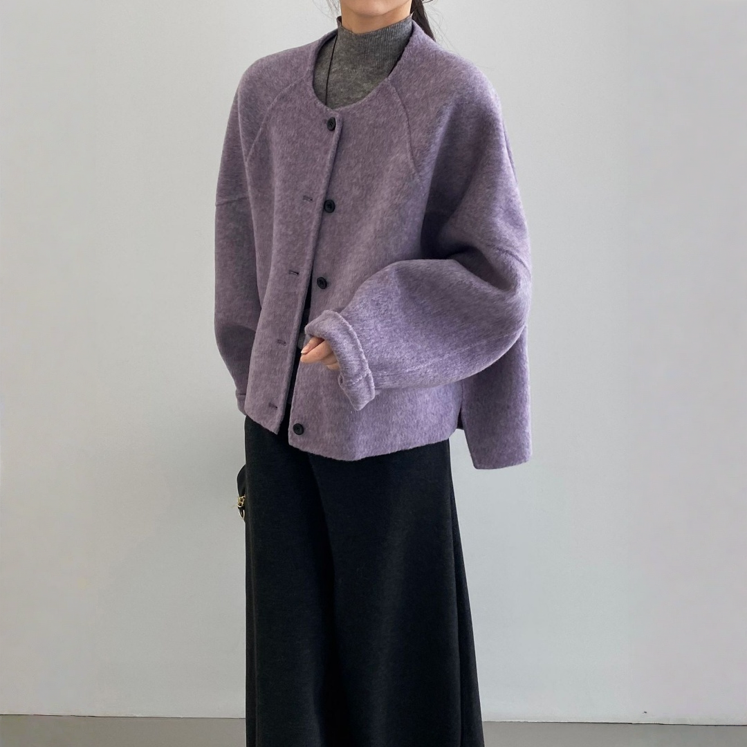 【アウター】春 秋 冬 ウール アルパカ ショート丈 ゆったり ラウンドネック ジャケット 【JZシリーズ】
