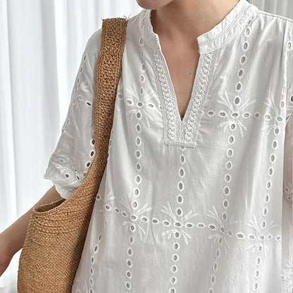 【ワンピース】夏 透かし彫り レース 刺繍 Vネック 半袖 ワンピース【SNシリーズ】