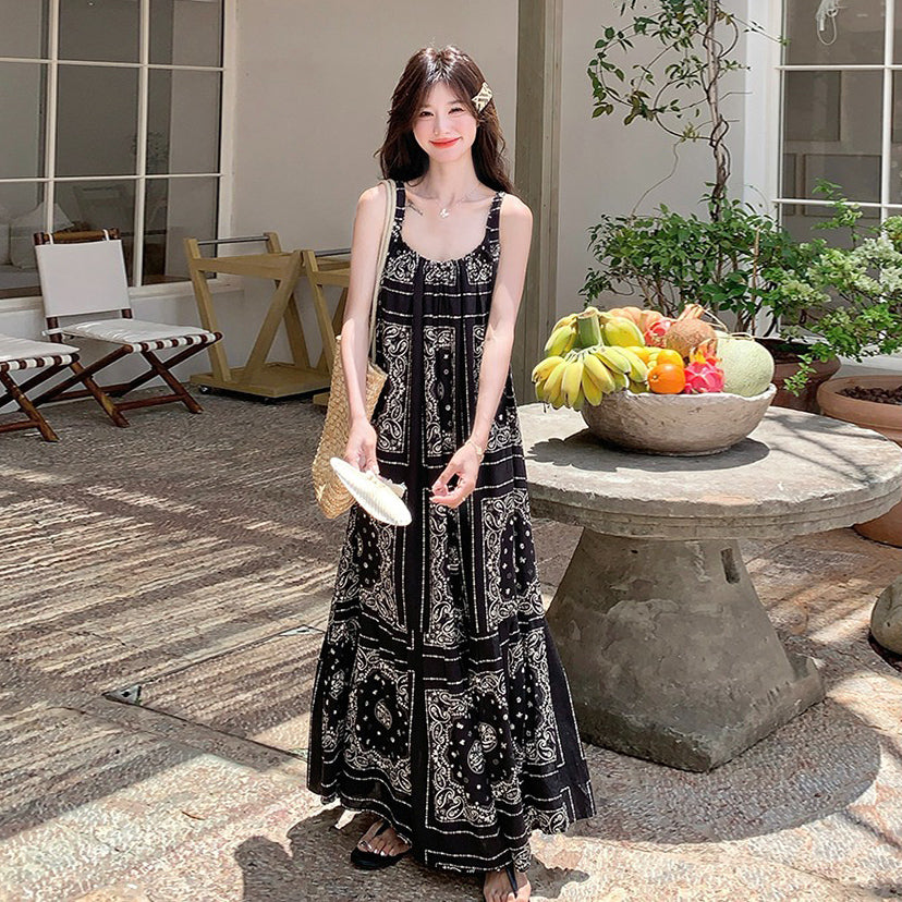 【ワンピース】夏 ブラック×エスニック風 大人上品ノースリーブ  キャミソールロングワンピース【SHシリーズ】