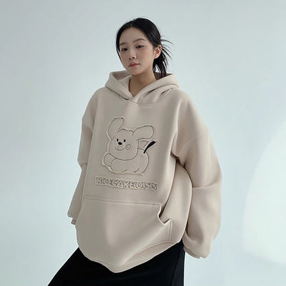 【トップス】レトロワッペン刺繍 カートゥーン 裏起毛フードパーカー【FCシリーズ】