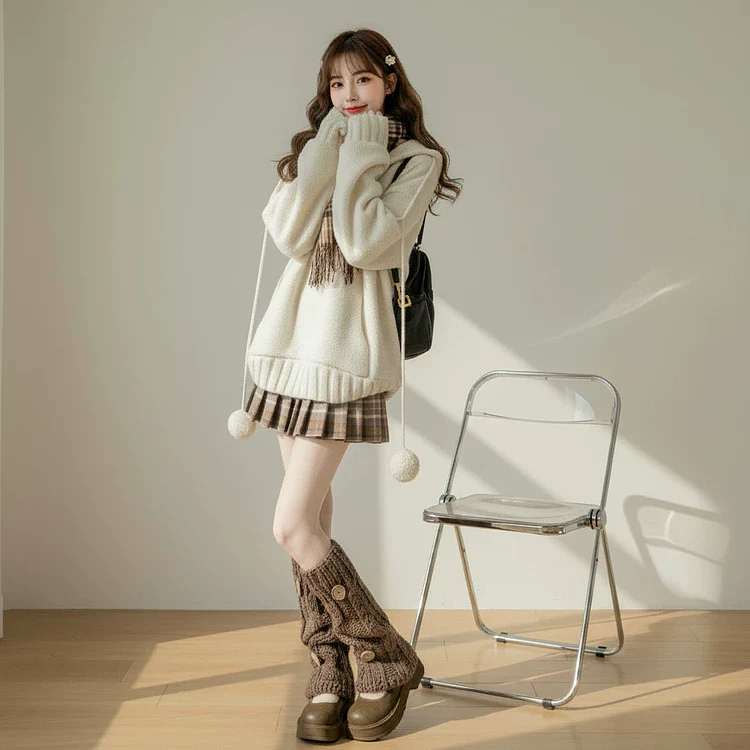 【セットアップ】無地 ホワイト セーター + プリーツ ショート スカート 2点上下セット 【JZシリーズ】