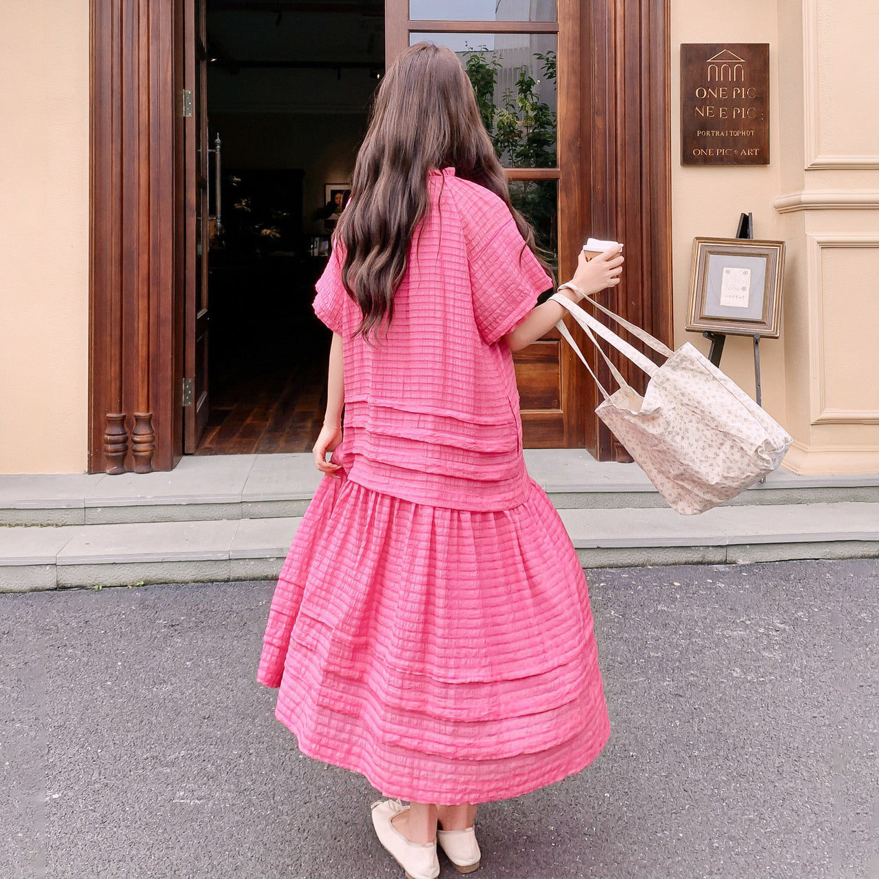 【ワンピース】ふんわり テクスチャー 半袖ワンピース レディース 夏 ゆったり おしゃれ 若見え ロングワンピース【JZシリーズ】