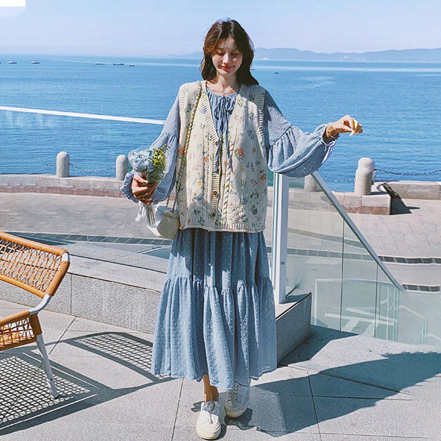 2点セット！【セットアップ】ベスト重ね着風 ロングワンピース 2点セット 春秋 韓国スタイル フレッシュ可愛い 学院風【SHシリーズ】