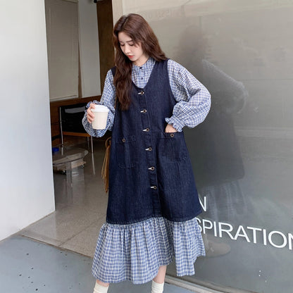 2点セット【セットアップ】韓国風 レトロ 学院スタイル デニム ジレワンピースセット レディース 2025年秋新作 チェック柄【SHシリーズ】