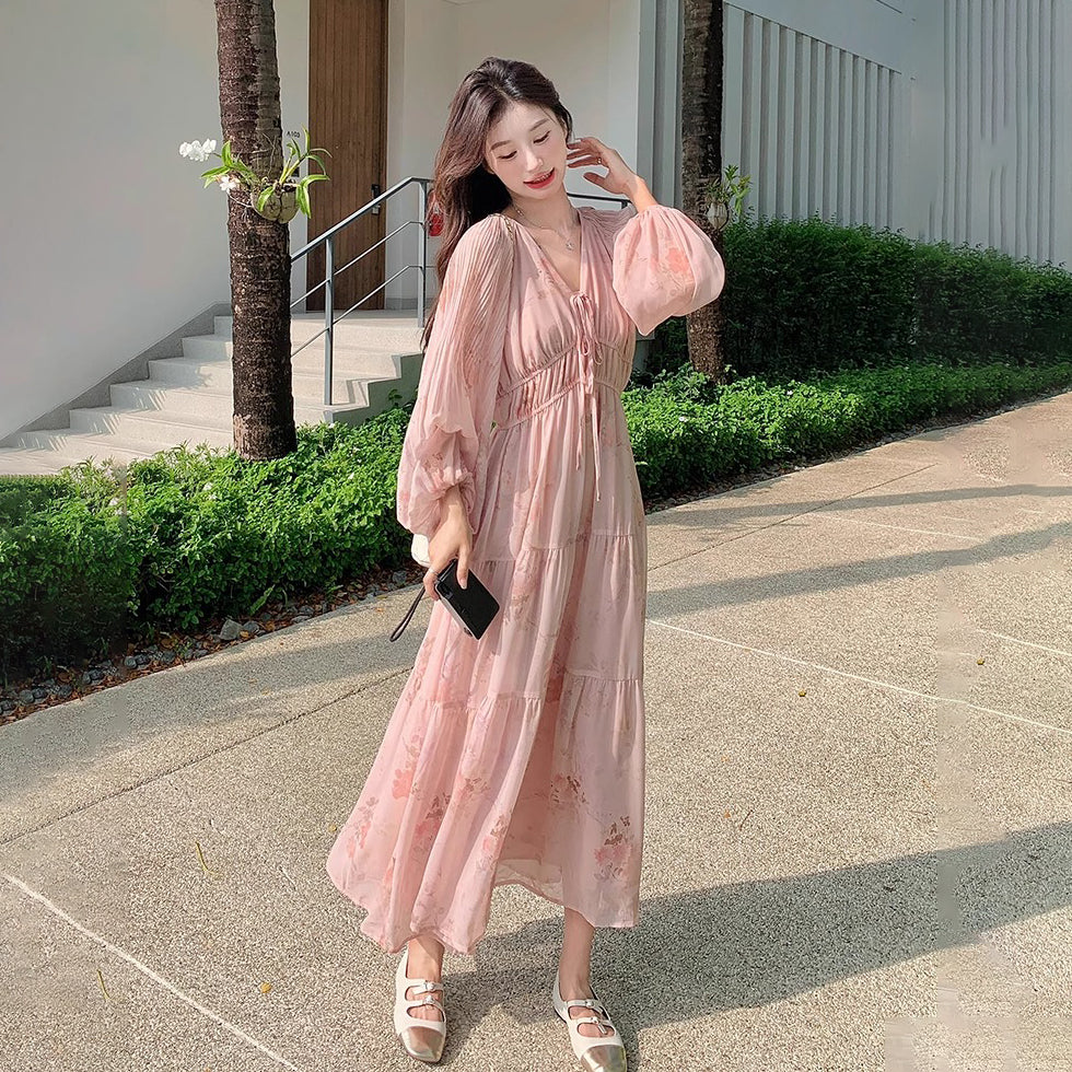 【ワンピース】フレンチ風Vネックワンピース レディース 長袖 ロング丈 上品 きれいめ【SHシリーズ】