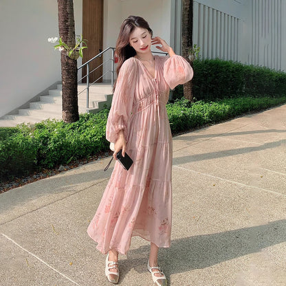 【ワンピース】フレンチ風Vネックワンピース レディース 長袖 ロング丈 上品 きれいめ【SHシリーズ】