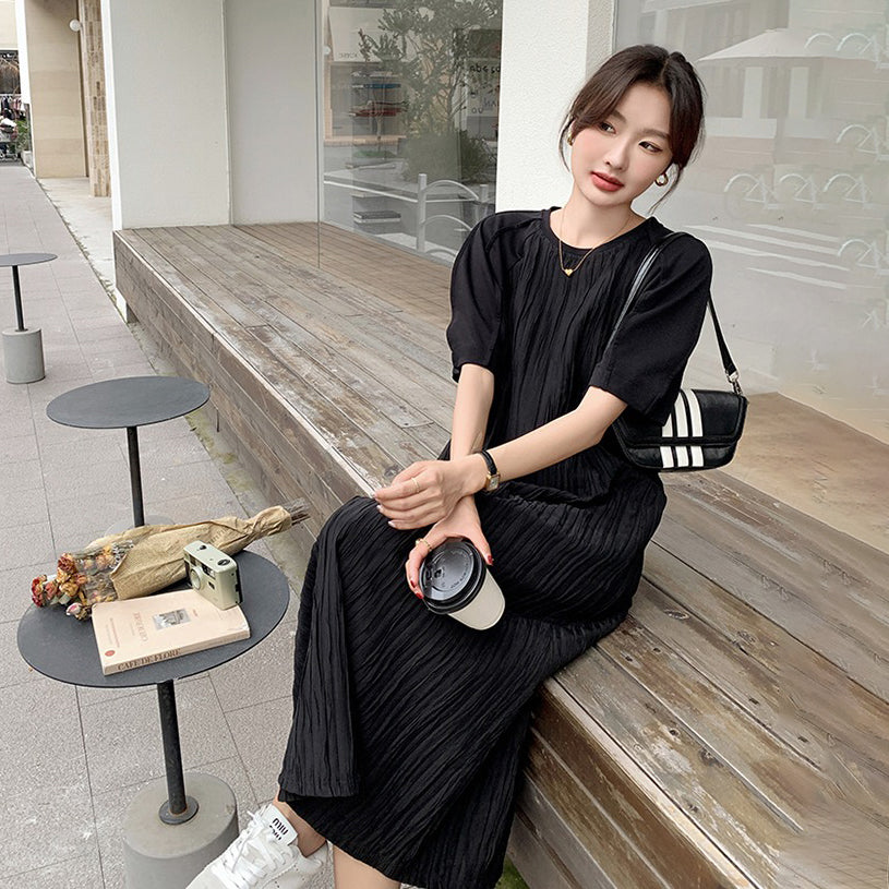 【ワンピース】高見えフレンチ風◎ブラックプリーツ 半袖ワンピース  ゆったり体型カバー【JZシリーズ】