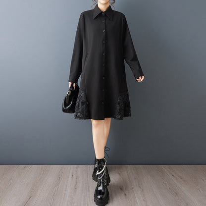 【ワンピース】春新作 デザイン感立体フラワー レース切り替え アシンメトリー 襟付き 長袖ワンピース 上品フェミニン 大人きれいめ【AHシリーズ】