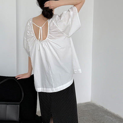 【トップス】韓国風 夏新作 ギャザー×バックオープン デザイン感ラウンドネック半袖ブラウス【SNシリーズ】