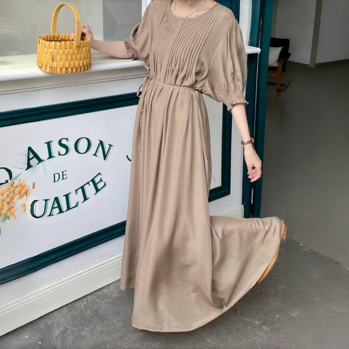 【ワンピース】10色展開 韓国風 レトロ＆アートテイスト ゆったり大きいサイズ 無地 半袖ワンピース