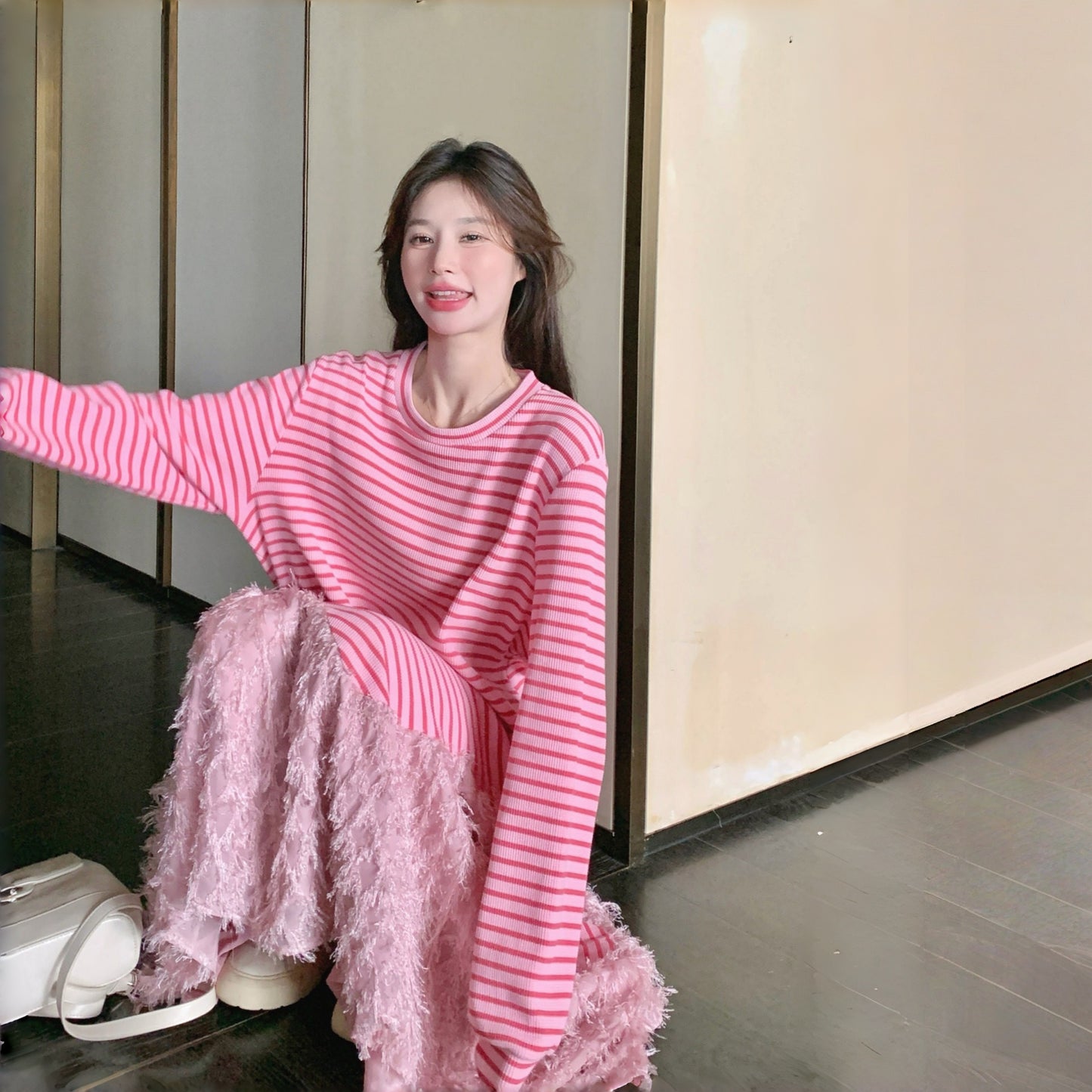 【ワンピース】カジュアル 若見え ストライプ マーメイドシルエット 着痩せ 長袖ワンピース【JZシリーズ】