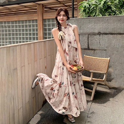 【ワンピース】夏 フレンチ温柔風 蝶柄 ノースリーブワンピース【SHシリーズ】