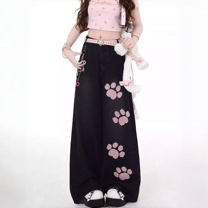 【ボトムス】猫の肉球 刺繍 海外トレンド 合わせやすい ワイドパンツ【FCシリーズ】