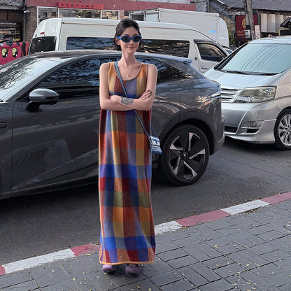 【ワンピース】カラフルチェック Uネックノースリーブオフショルダーワンピース レディース 夏新作 韓国風 ゆったりAラインロングドレス【SHシリーズ】
