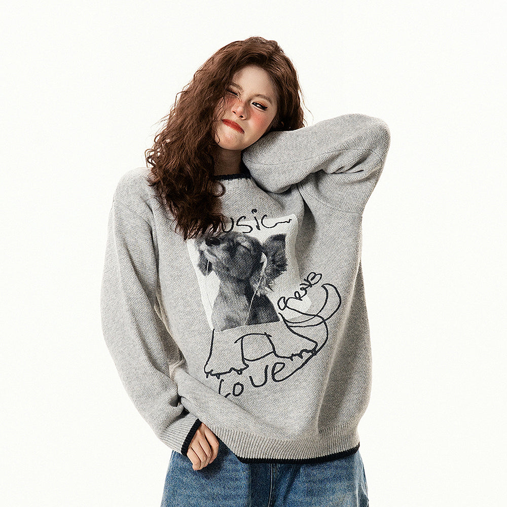 【トップス】レトロ デザイン 小犬柄 クルーネック ニット レディース ゆったり ルーズ 着回し セーター【FCシリーズ】