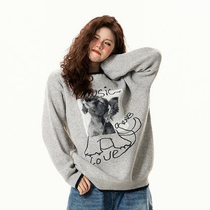 【トップス】レトロ デザイン 小犬柄 クルーネック ニット レディース ゆったり ルーズ 着回し セーター【FCシリーズ】