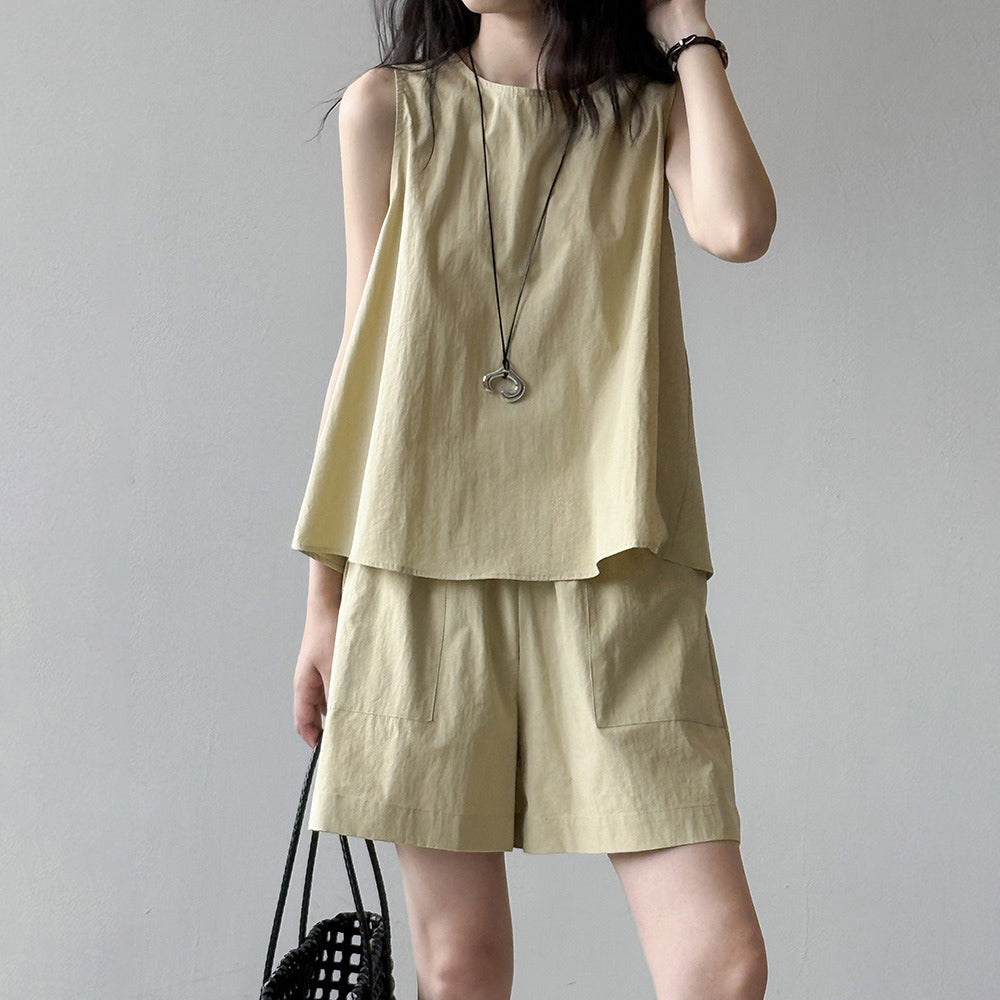 2点セット！【セットアップ】リラックス感 シンプル 無袖トップス＋ショートパンツ エレガント 上下セット【JZシリーズ】