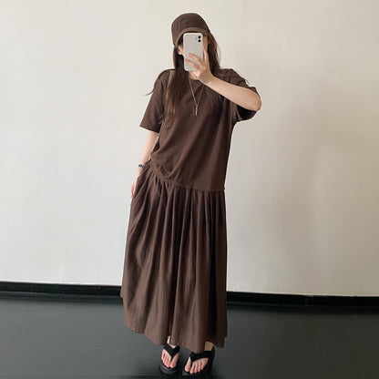 【ワンピース】夏新作 レイヤード風 ワンピース リヨセル素材 ハイウエスト 体型カバー ゆったり 半袖 ロングドレス【FCシリーズ】