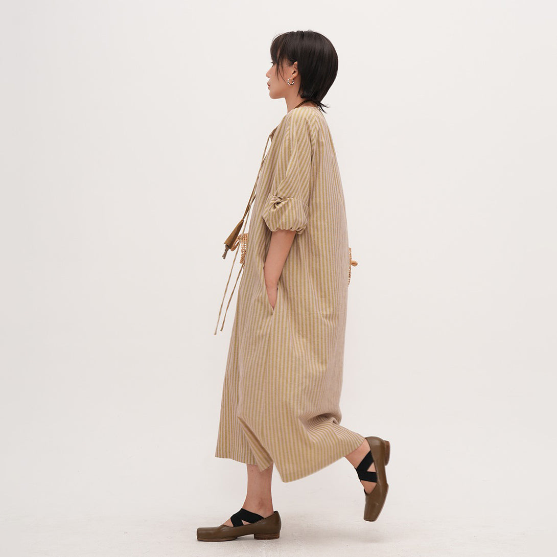 【ワンピース】夏新作 ナチュラルストライプ ゆったりワンピース 薄手七分袖ロングドレス 大きめサイズ カジュアル文芸風【JZシリーズ】【SHシリーズ】