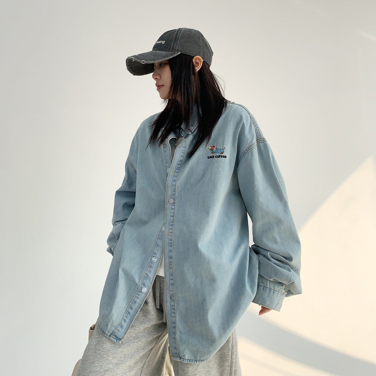 【トップス】春秋 シンプル カートゥーン刺繍 デニム 長袖 シャツ【FCシリーズ】