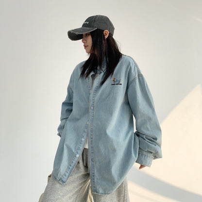 【トップス】春秋 シンプル カートゥーン刺繍 デニム 長袖 シャツ【FCシリーズ】