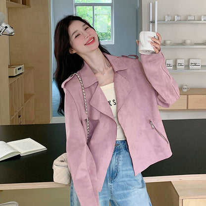 【アウター】可愛い 甘め若見えフェミニン スエード調ショートジャケット デザイン性 カジュアル 細見えアウター【JZシリーズ】