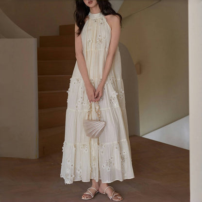 【ワンピース】夏 刺繍  エレガント 花柄スパンコール  ホルターネック  ノースリーブ ワンピース 【SHシリーズ】