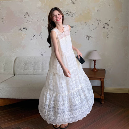 【ワンピース】夏 海辺リゾート風 レース刺繍 ロング丈 気質スタイル ノースリーブワンピース