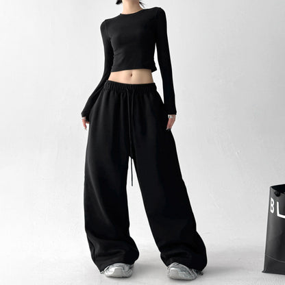 【ボトムス】ハイウエスト 刺繍入り スポーツパンツ レディース 春秋 ゆったり ワイド【FCシリーズ】