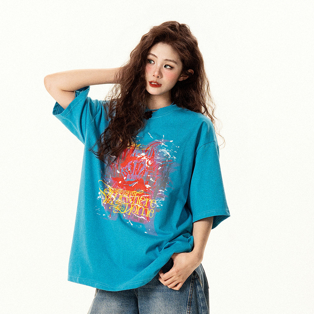 【トップス】レトロデザイン 落書き風 ブルー 半袖Tシャツ レディース 夏 ゆったり カジュアル【FCシリーズ】【15〜20日発送】