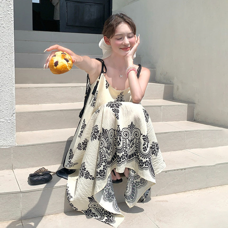 【ワンピース】フレンチリゾート風  夏新作 超映え民族風プリント  ノースリーブワンピース【SHシリーズ】