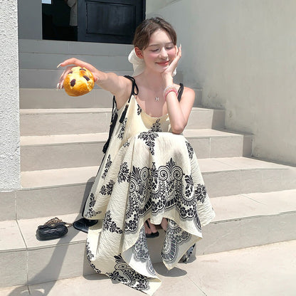 【ワンピース】フレンチリゾート風  夏新作 超映え民族風プリント  ノースリーブワンピース【SHシリーズ】