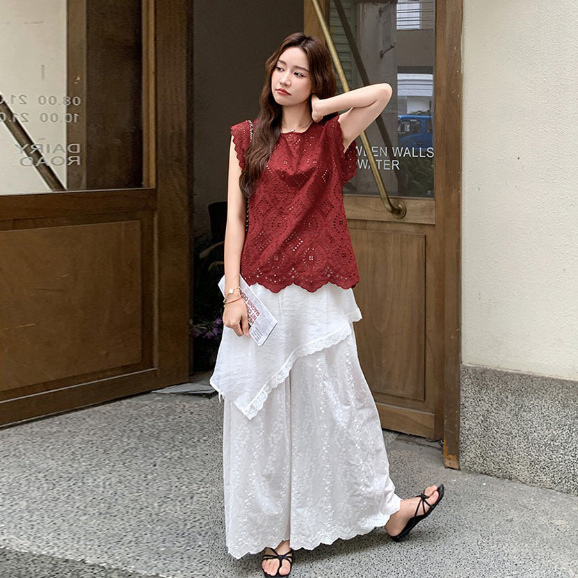2点セット!【セットアップ】個性的で華やかな刺繍入りノースリーブ