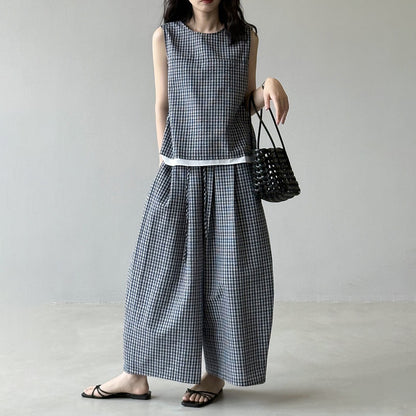 2点セット！【セットアップ】韓国風 チェック柄タンクトップ風セット＋ゆったりカジュアルパンツ 上下セット【JZシリーズ】