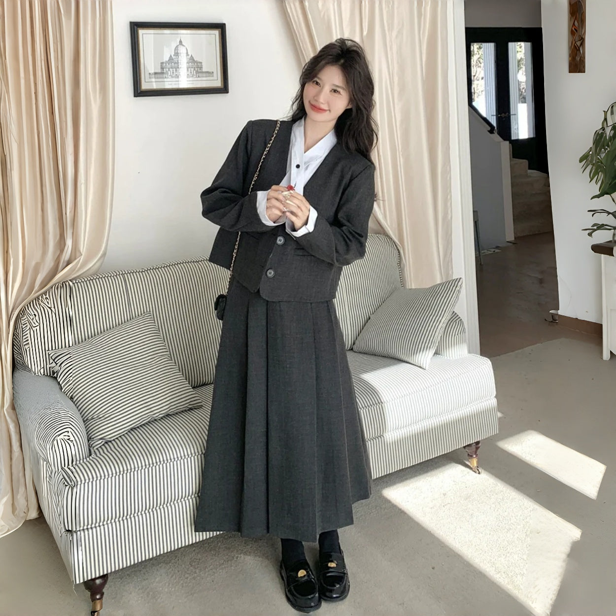 【セットアップ】大人可愛い 高級感 シャネル風 フェイクレイヤード 気質よい 2点セット【JZシリーズ】