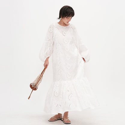 【ワンピース】ラウンドネック 長袖ワンピース レディース ゆったりスリム見え 刺繍入り フィッシュテール ロングドレス 上品なティータイムスタイル【JZシリーズ】