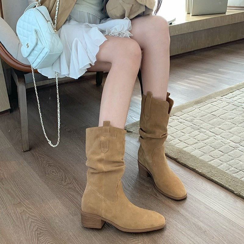 【シューズ】春 秋 冬 ラウンドトゥ チャンキーヒール 脚長効果 くしゅくしゅデザイン マーチンブーツ 【JZシリーズ】