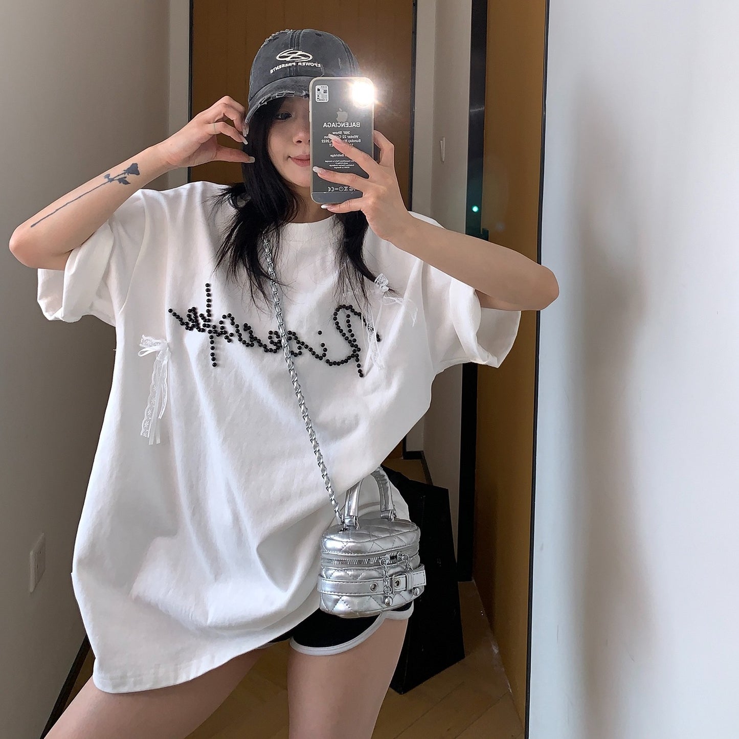 【トップス】夏  リボン ビジュー レース ルーズ 半袖 Ｔシャツ 【FCシリーズ】