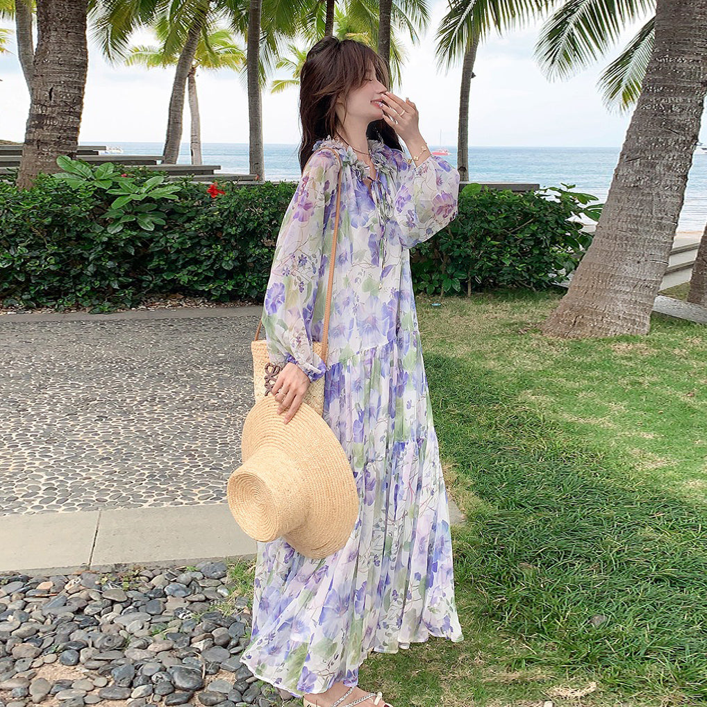 【ワンピース】ビーチ バカンス風 風油絵 小花柄 ワンピース 春夏 フレンチ 柔らかい雰囲気 長袖 日焼け防止 ドレス【SHシリーズ】