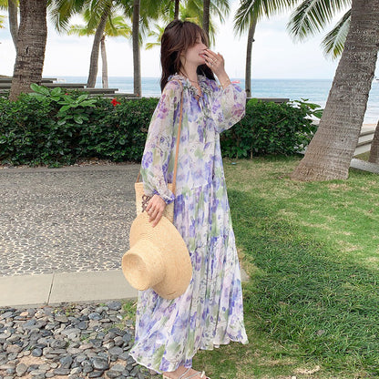 【ワンピース】ビーチ バカンス風 風油絵 小花柄 ワンピース 春夏 フレンチ 柔らかい雰囲気 長袖 日焼け防止 ドレス【SHシリーズ】