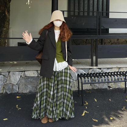 【ボトムス】2025秋冬新作 レディース チェック柄 ロングスカート グリーン 細見え 大人可愛い【SHシリーズ】