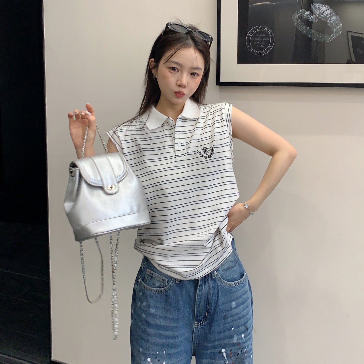 【トップス】アメリカンレトロ ボーダー柄 ポロカラーノースリーブTシャツ レディース カジュアル ストリート系 こなれ感【FCシリーズ】