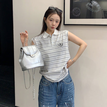 【トップス】アメリカンレトロ ボーダー柄 ポロカラーノースリーブTシャツ レディース カジュアル ストリート系 こなれ感【FCシリーズ】