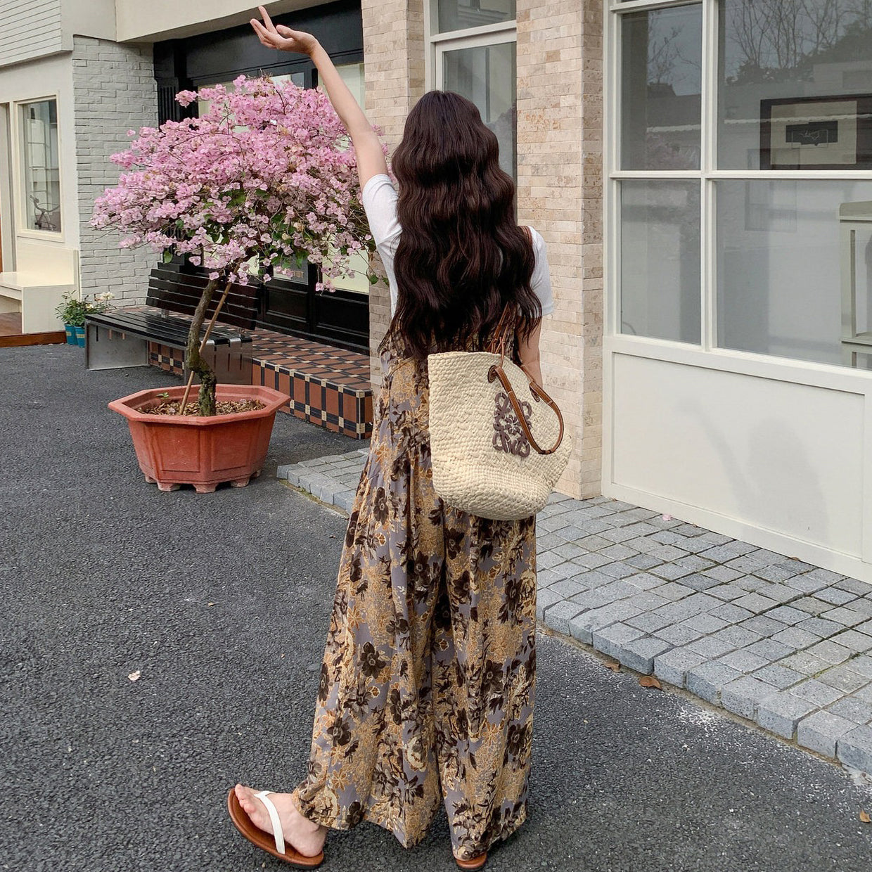 【ボトムス】レトロ花柄サロペット レディース ハイウエスト オールインワン 夏ワイドパンツ リゾート風【SHシリーズ】